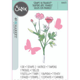 Sizzix A5 Clear Stamps Set (7PK) w/ Framelits Die Set - Painted Pencil Botanical (By 49 And Market) 666635