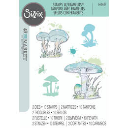 Sizzix A5 Clear Stamps Set (10PK) w/ Framelits Die Set (2PK) - Painted Pencil Mushrooms (By 49 And Market) 666637